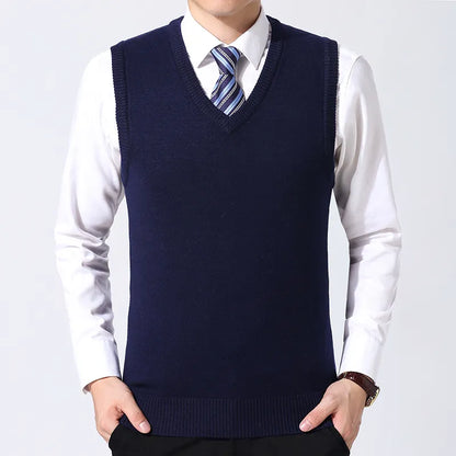 Men Knitted Cotton Sweater Vest | Casual Warm Winter V-Neck Outerwear Navy Blue