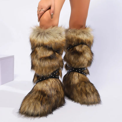 Women Winter Boots | Faux Fur Snow Boots | Warm Long Boots | Plush Over Knee | High Boots | Y2K | Furry Shoes Dark Brown