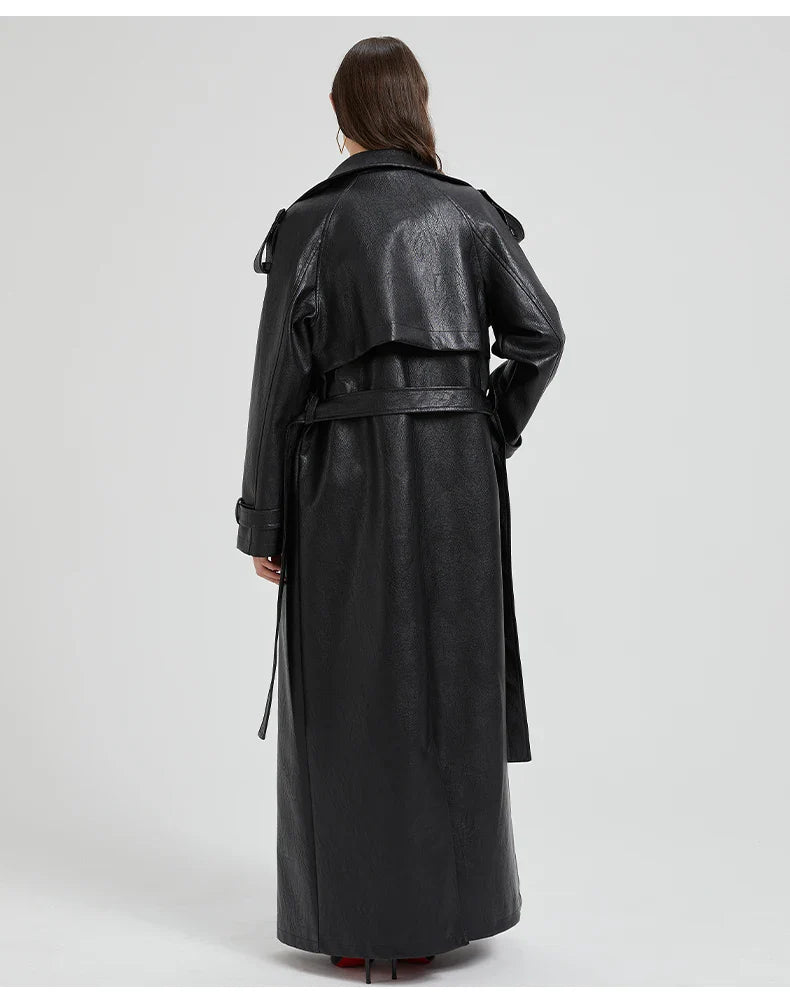 Women Extra Long Leather Trench Coat | Luxury Chic Overcoat | Autumn