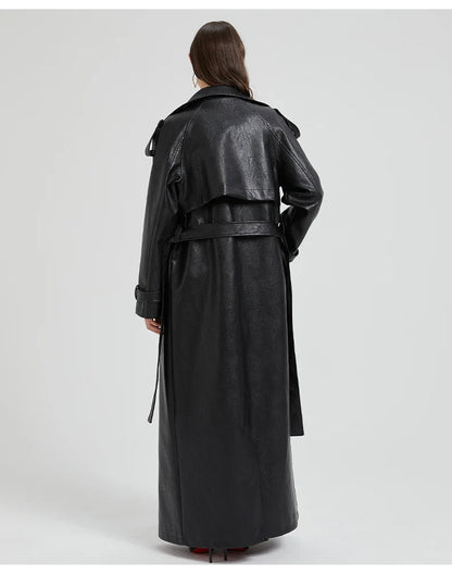 Women Extra Long Leather Trench Coat | Luxury Chic Overcoat | Autumn