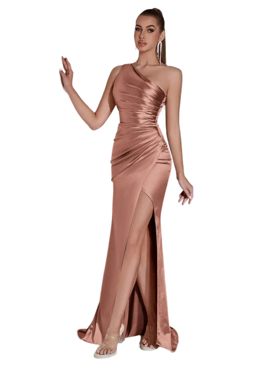 Women Evening Maxi Dress | Wedding Party Dress | One Shoulder Cocktail Dress Rose Gold