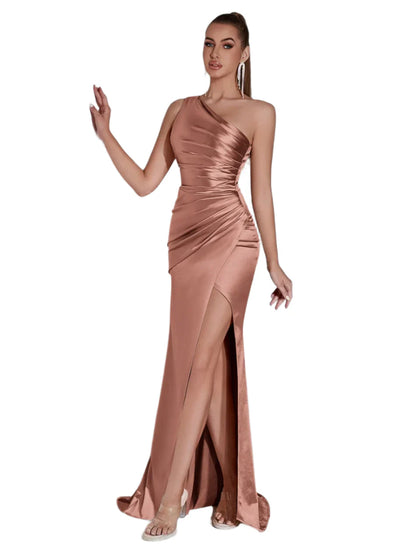 Women Evening Maxi Dress | Wedding Party Dress | One Shoulder Cocktail Dress Rose Gold