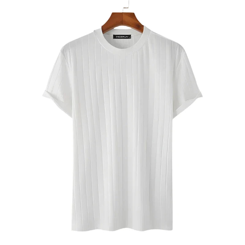 Men Solid Ribbed Top | Round Neck Knitted Shirt | Well Fitting Short Sleeve White