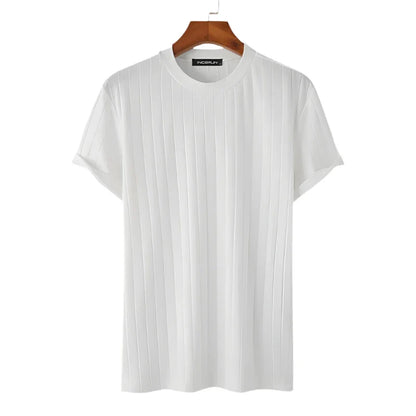Men Solid Ribbed Top | Round Neck Knitted Shirt | Well Fitting Short Sleeve White