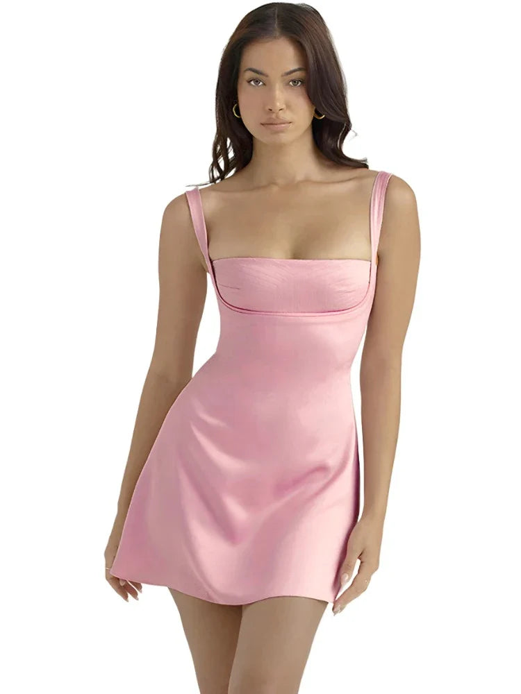 Women A-Line Satin Dress | Mini Spaghetti Strap Dress Pink