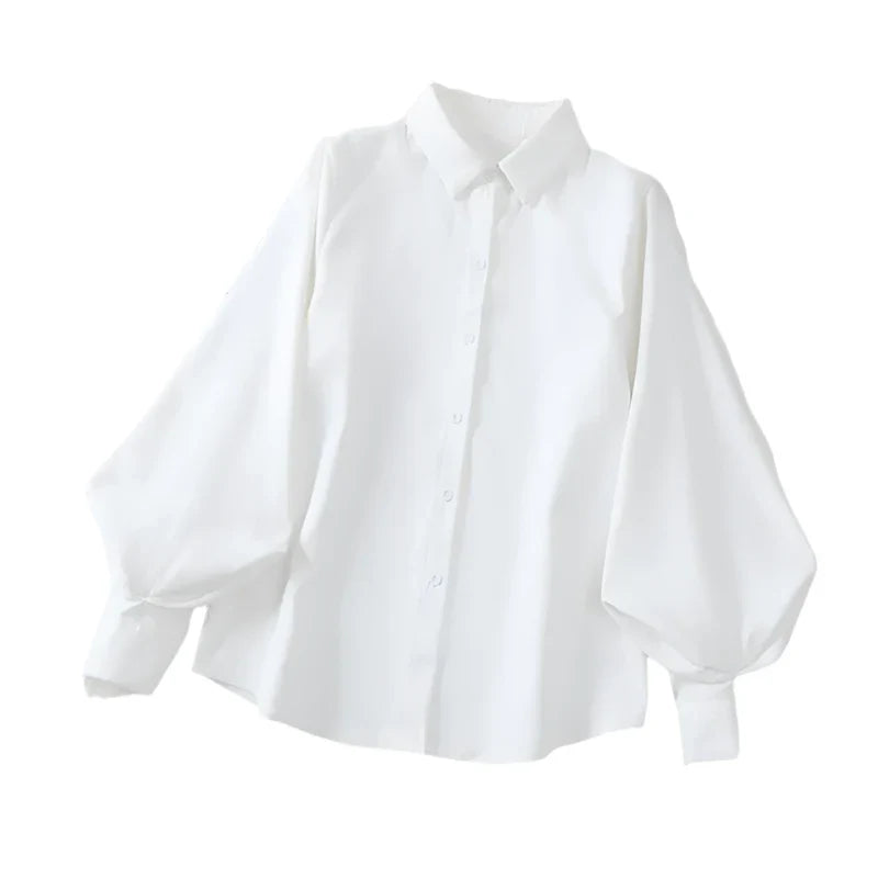 Women Lantern Sleeves Top | Vintage Loose Button-Down Shirt white