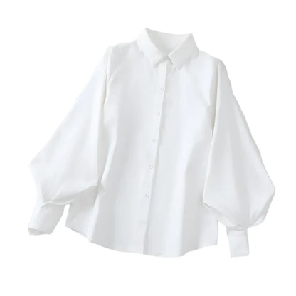 Women Lantern Sleeves Top | Vintage Loose Button-Down Shirt white