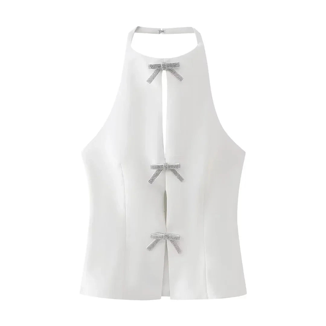 Women Vest Top with Rhinestone Bows | Women Sleeveless Sling Top White