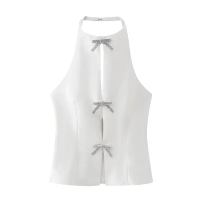 Women Vest Top with Rhinestone Bows | Women Sleeveless Sling Top White