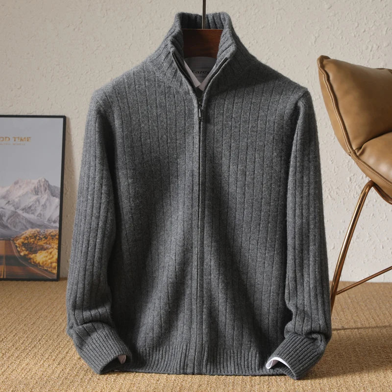 Men Merino Wool Stand-Up Collar Cardigan | Business Casual | Warm Zipper Jacket