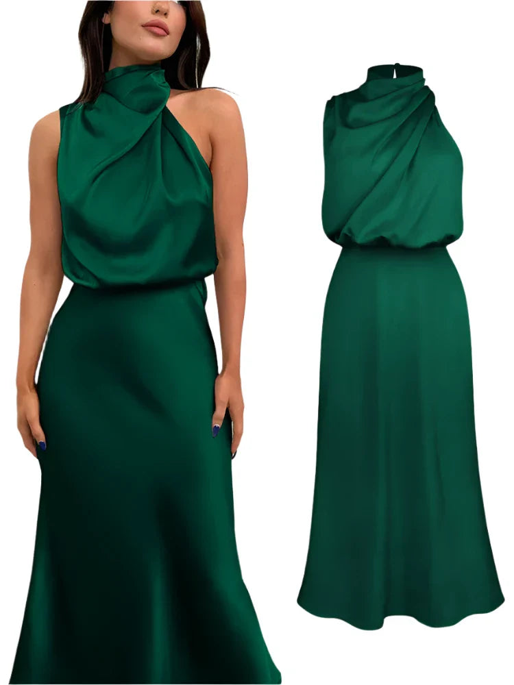 Women Satin Long Dress | Silk Sleeveless Evening Dress | Party Dress Dark Green