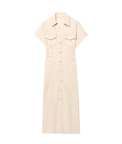 Women Denim Midi Dress | Ruched Waist | Fitted Dress Beige