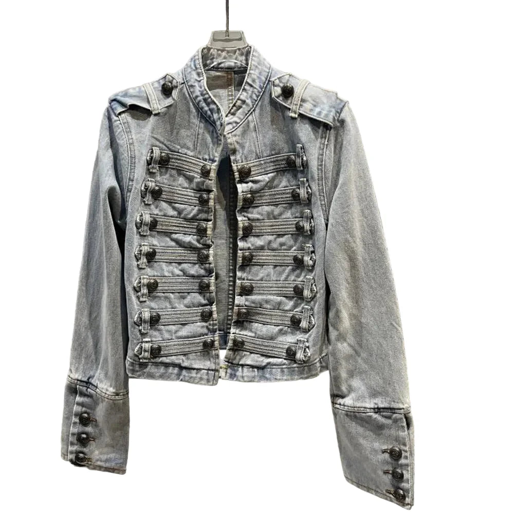 Women Metal Rib Button Denim Jacket | Cropped Jacket | Washed Effect | Napoleon Jacket | Slim