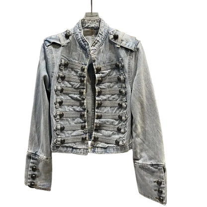 Women Metal Rib Button Denim Jacket | Cropped Jacket | Washed Effect | Napoleon Jacket | Slim