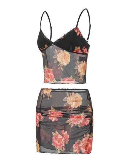 Women Floral Print V Neck Cami Top | Summer Set | Sleeveless | Mini Skirt | Two Piece