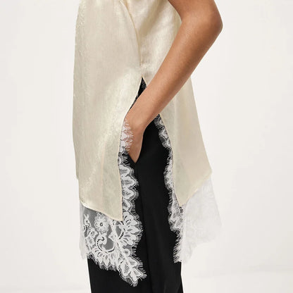 Women Elegant Satin Spaghetti Strap Camisole | Lace Split Vest | Casual Silk Top | Summer