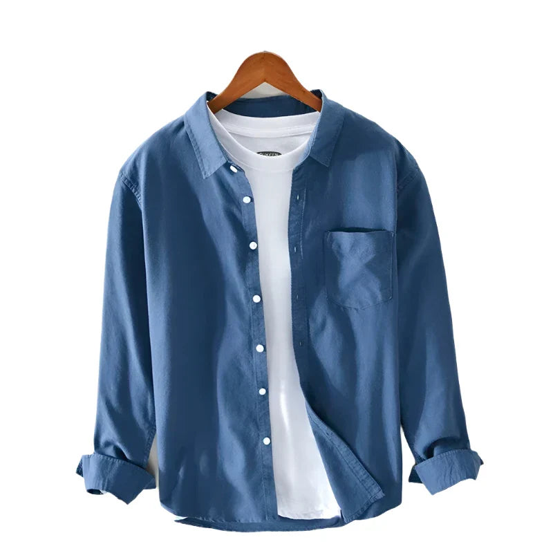 Men Oxford Vintage Shirt | Solid Long Sleeve Button Down Blue