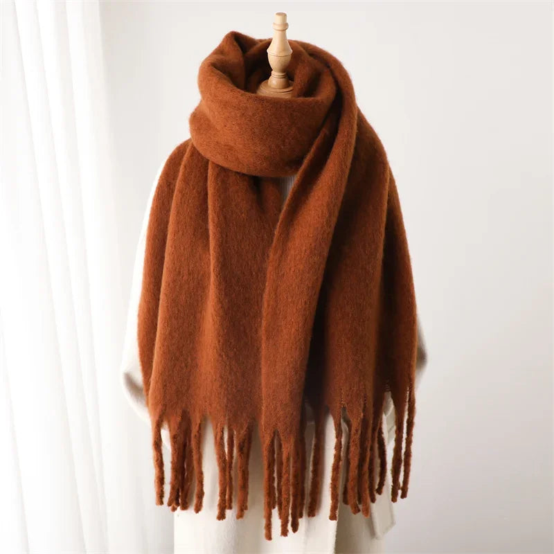 Women Warm Winter Cashmere Scarf | Thick Soft Tassel Shawl | Long Poncho | Echarpe | Pashmina Brown