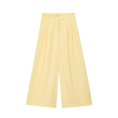 Women Sleeveless V-Neck Top With Belt Straight Pants Set | Top Trouser Suit | 2 Piece Set Yellow Bottom