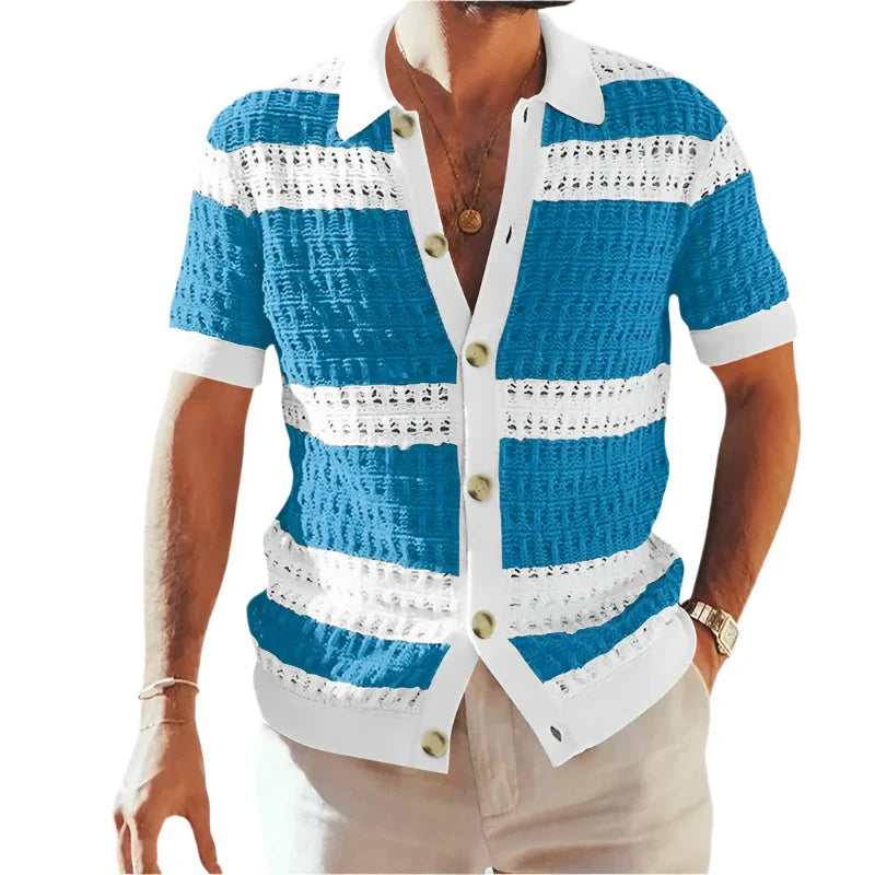 Men Casual Summer Loose Knitted Striped Shirt | Short Sleeve Buttoned Lapel Knit Cardigan Light Blue