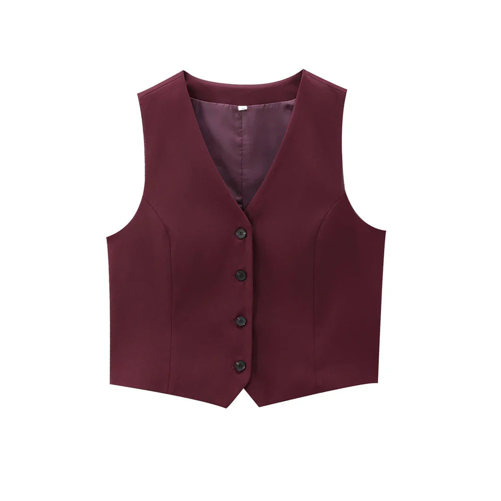 Women Burgundy Button Fitted Waistcoat and Wide Leg Pants | 2 Piece Set | High Waist Pleated Pants top