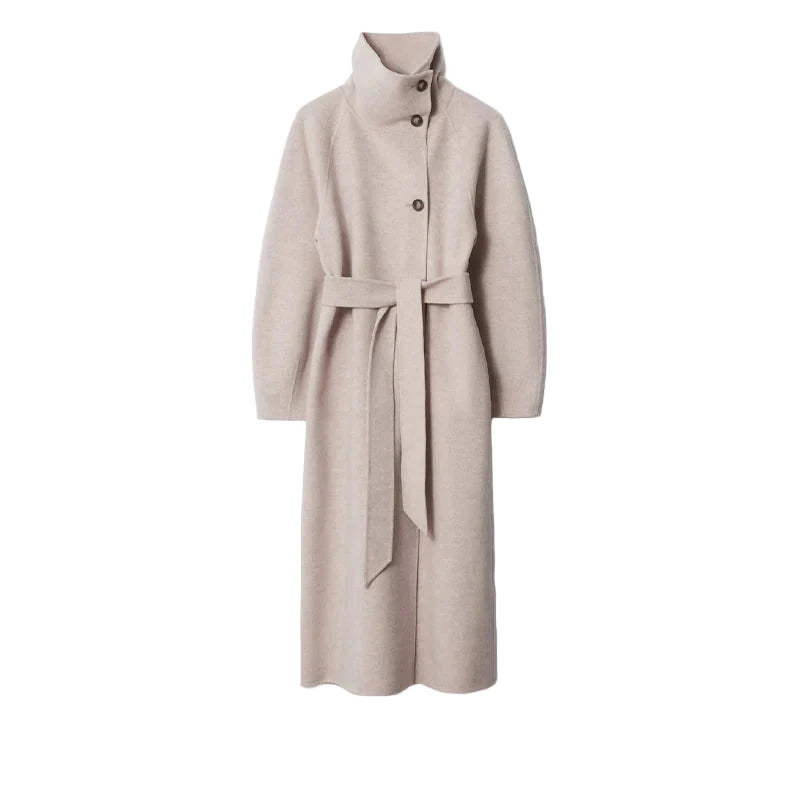 Women Long Cotton Coat | Stand Collar | Single Breasted Coat With Belt beige