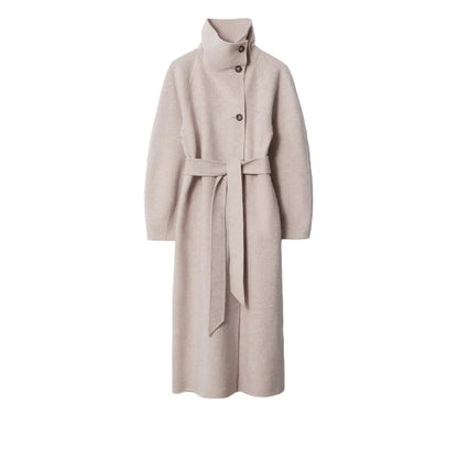 Women Long Cotton Coat | Stand Collar | Single Breasted Coat With Belt beige