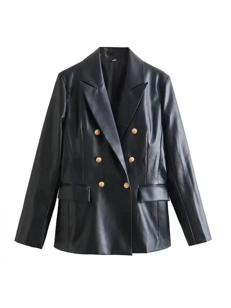 Women Leather Blazer Jacket black