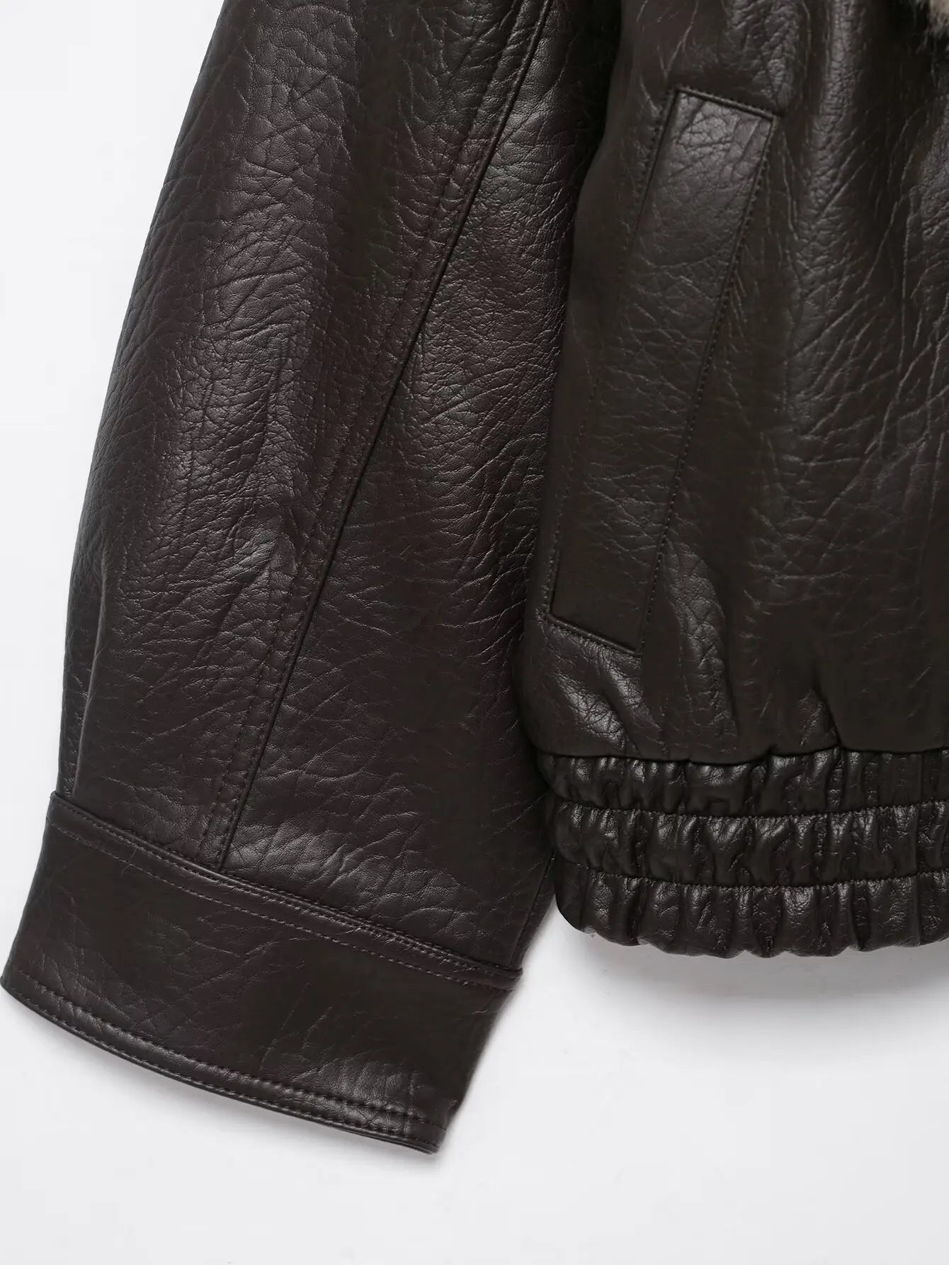 Women Winter Loose Leather Fur Jacket | Big Fur Collar | Casual Coat | Double Breasted
