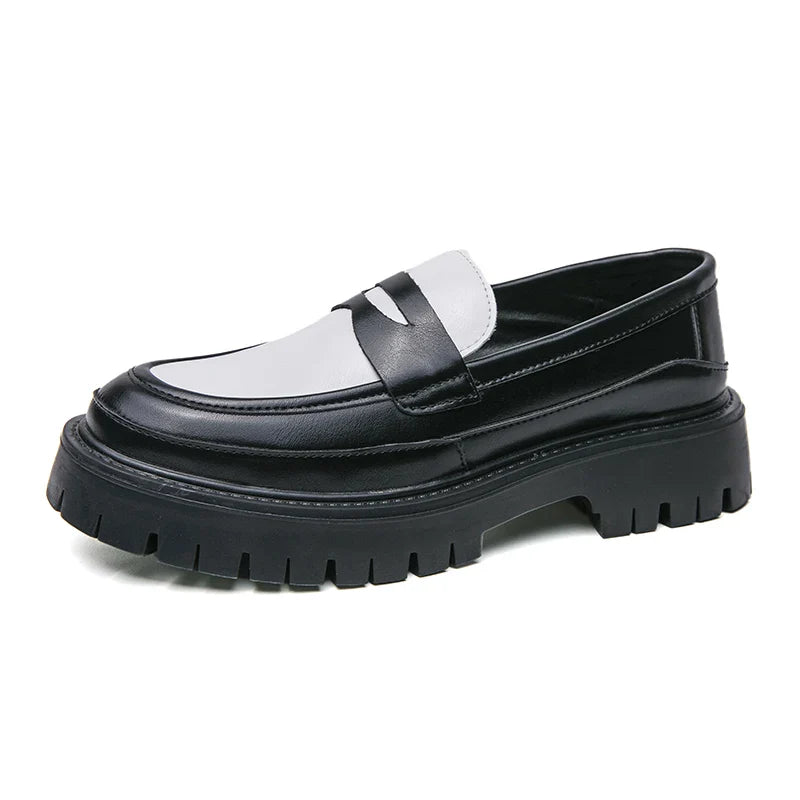 Men Handmade Leather Shoes | Men Platform Loafers | Moccasin black-white