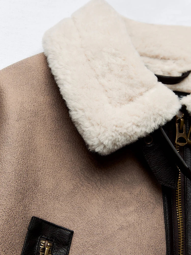Women Spliced Leather Short Soft Fur Jacket | Female Zipper Belt Coat