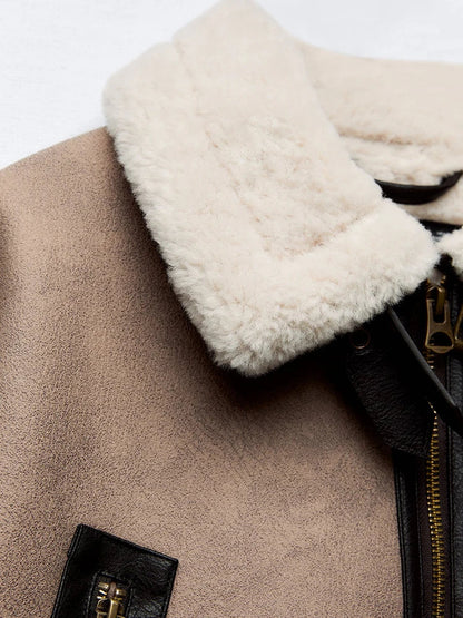 Women Spliced Leather Short Soft Fur Jacket | Female Zipper Belt Coat