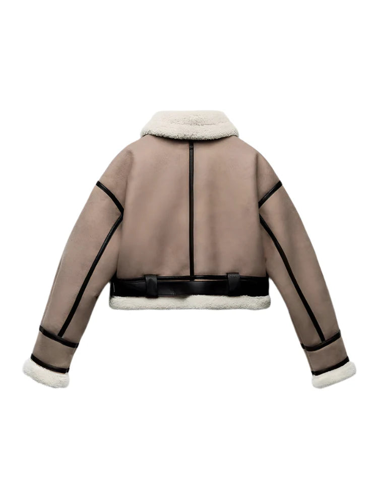 Women Spliced Leather Short Soft Fur Jacket | Female Zipper Belt Coat