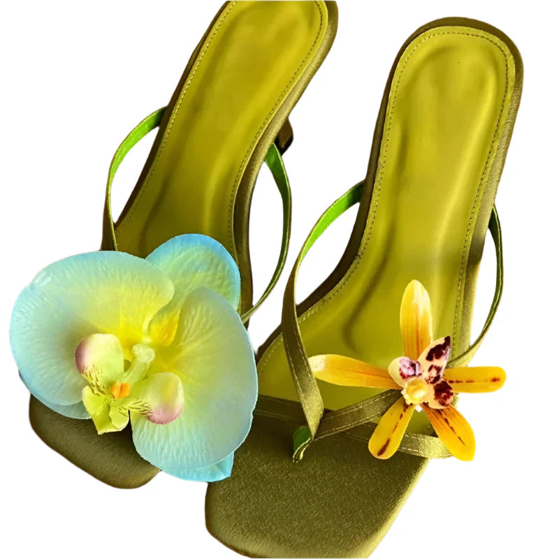 Women Hawaii Asymmetrical Flower Sandals | Thin Heels | Beach Vacation Sandals | Summer Dress Shoe Green