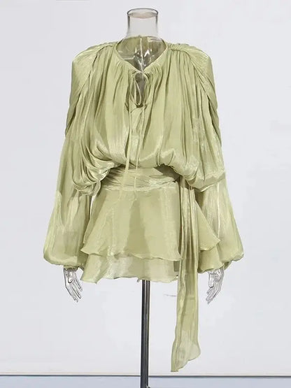 Women Flowy Mini Dress | V Neck | Long Sleeve | Spliced | Lace Up | Blouse Dress Light Green