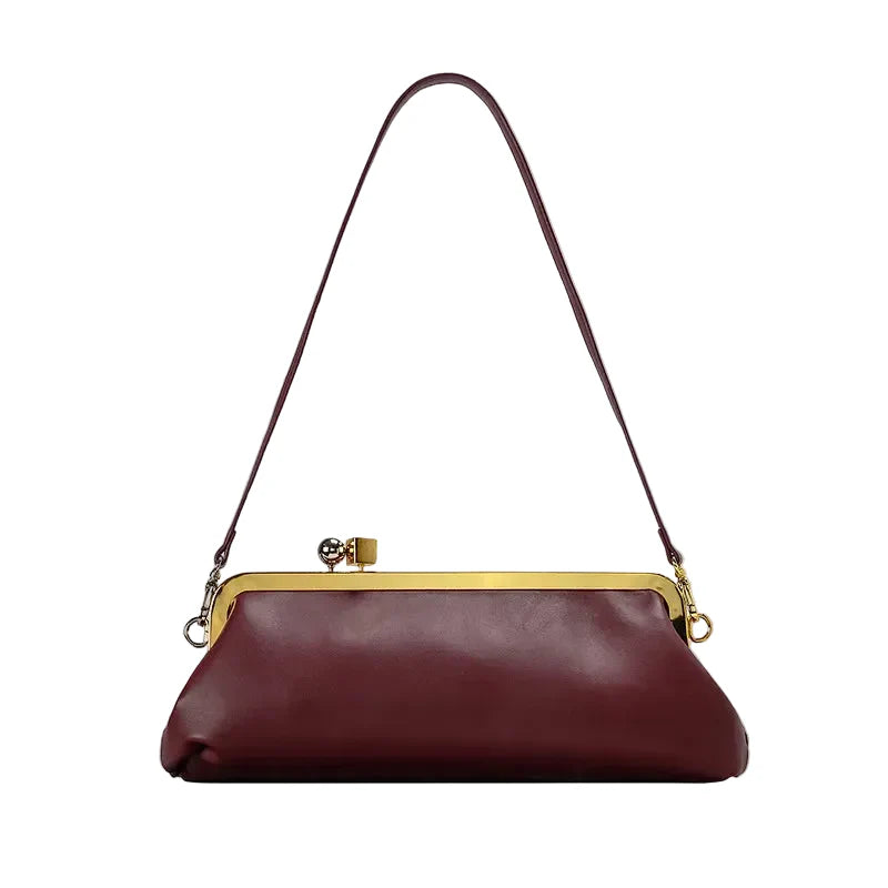 Women Leather Kiss Lock Bag | Long Clutch Bag | Luxury Shoulder Bag | Elegant Party Purse | Underarm Bag Wine Red