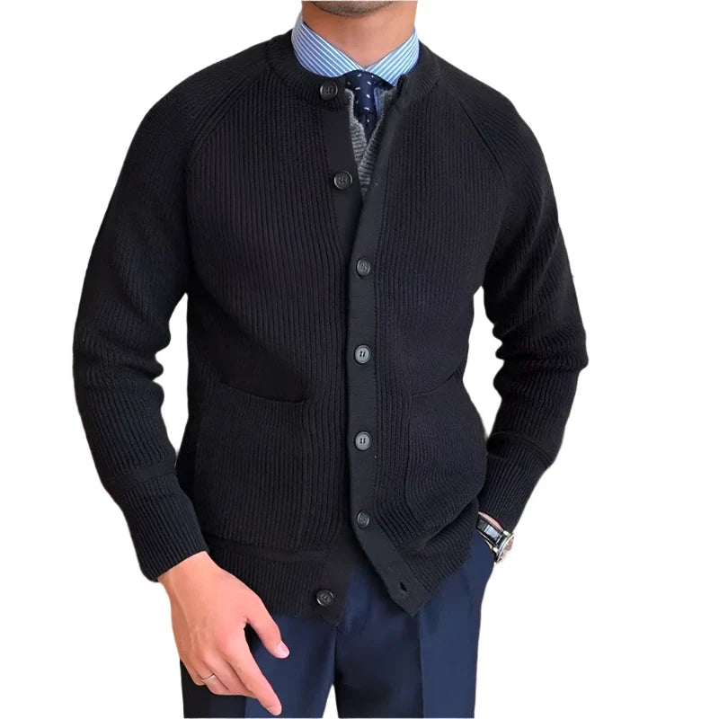 Men Wool Buttoned Crew Neck Sweater | Long Sleeve Casual Knitted Cardigan Black