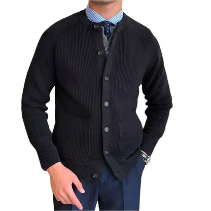 Men Wool Buttoned Crew Neck Sweater | Long Sleeve Casual Knitted Cardigan Black