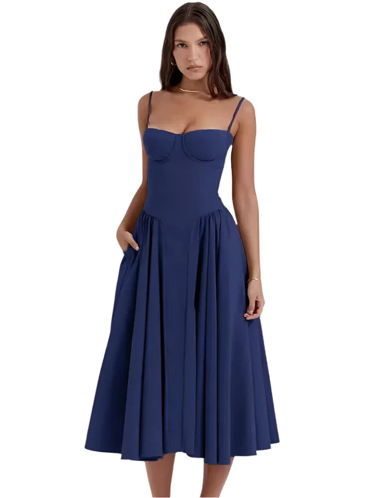 Women Pleated Sling Summer Dress Navy Blue