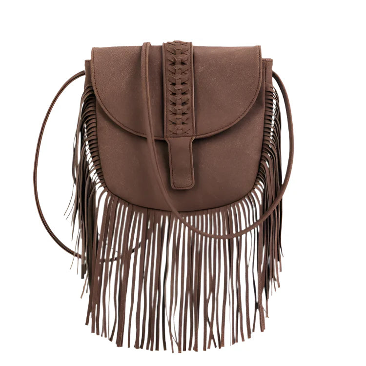 Women Suede Leather Boho Bag | Vintage Fringe Tassel Bohemian Bag Khaki