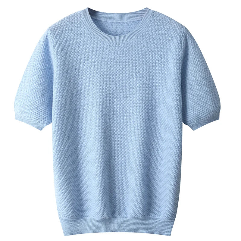 Men Short Sleeves Wool Sweater | Wool Solid Color T-Neck Pullover Sky Blue