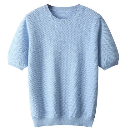 Men Short Sleeves Wool Sweater | Wool Solid Color T-Neck Pullover Sky Blue