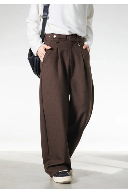 Men Loose Fit Dress Pants | Adjustable Buckle | Pleated | Casual Trousers | Wide Leg