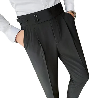 Men Vintage Pencil Pants | High Waisted Suit Pant | Slim Fit Pants with Buttons | Business Casual Straight Trousers Black