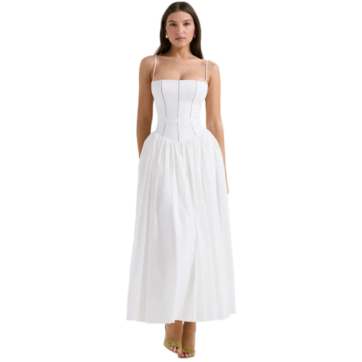 Women White Summer Long Dress | Flare Hollow Out Dress White