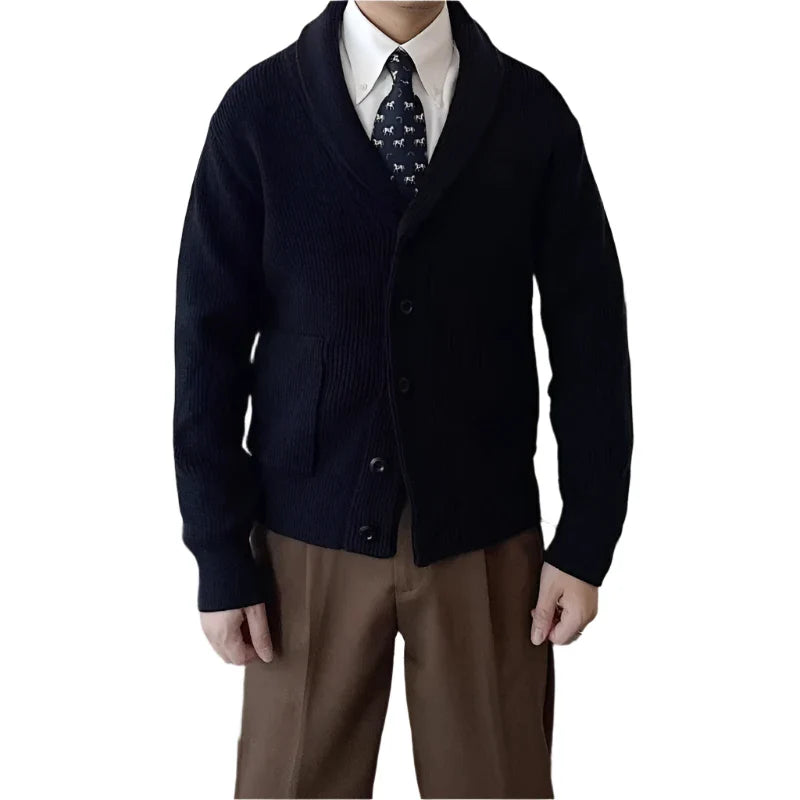 Men Wool Blend Buttoned Sweater | Casual Long Sleeve Vintage Cardigan Black