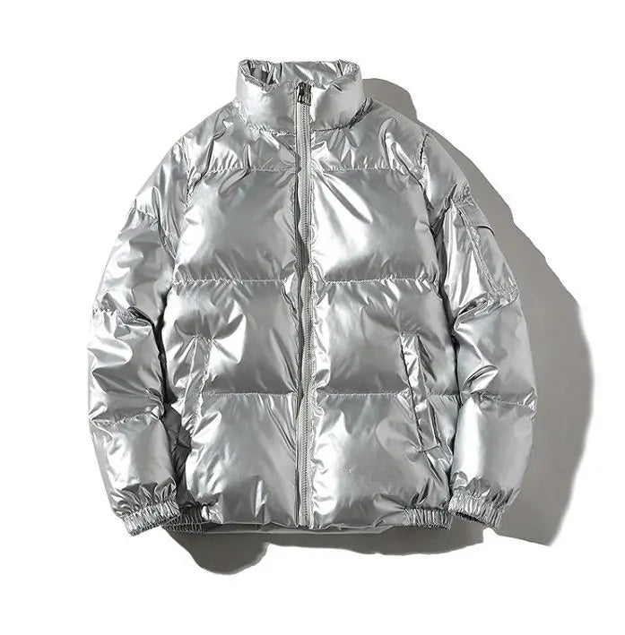 Unisex Metallic Warm Winter Jacket | Thick Waterproof Puffer Jacket | Windproof Jacket Stand Collar Silver
