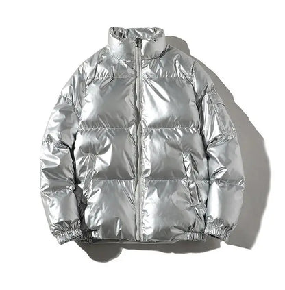 Unisex Metallic Warm Winter Jacket | Thick Waterproof Puffer Jacket | Windproof Jacket Stand Collar Silver