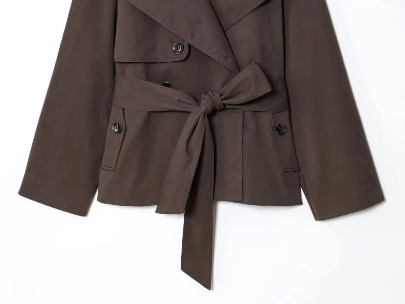 Women British Style Lapel Double-Breasted Coat | Short Trench Coat With Belt