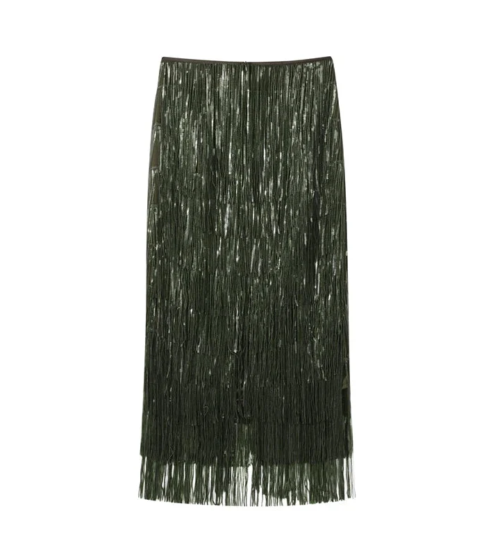 Women Beaded Tassel Long Skirt | Loose | High Waist | Y2K | Party Wear Green